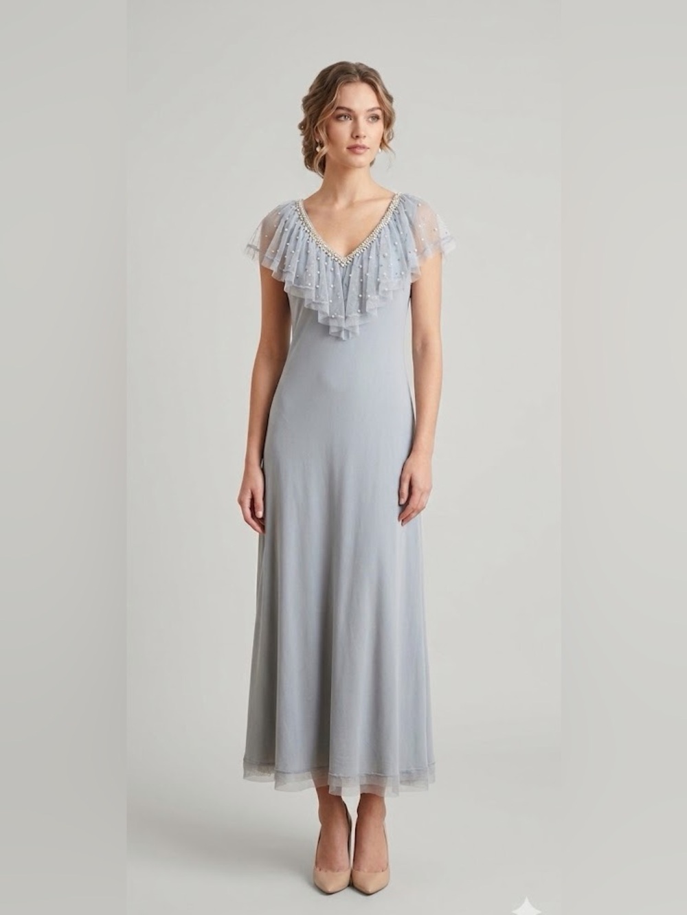 American Glamour Badgley Mischka Blue Midi Dress Mesh Ruffle Sequin Trim M